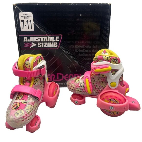 Girls Roller Derby Fun Roll Little Adjustable Skates Small 7-11 Pink Emojis READ - Picture 1 of 8